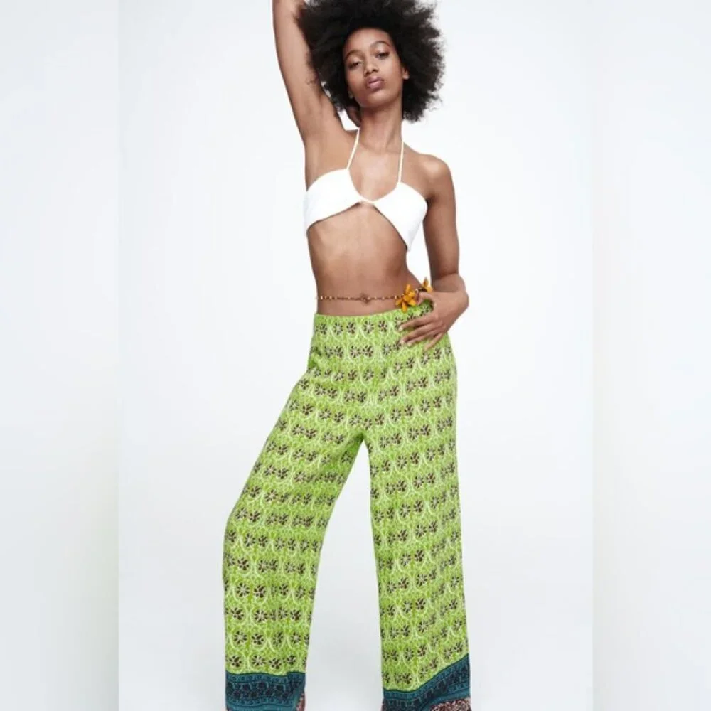 NWOT ZARA Full-Length Printed Trousers Flowy Wide Leg 100% VISCOSE 7484/159 Sz L